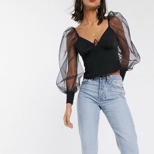 Black womens top with organza sleeves